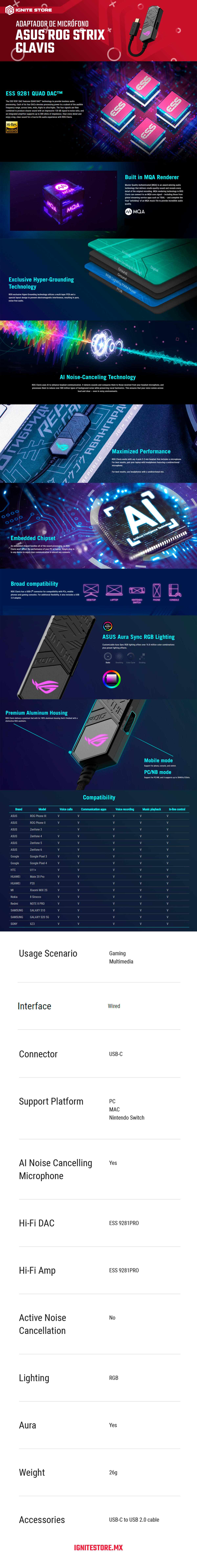 ADAPTADOR ROG CLAVIS USB-USB C A 3.5mm CANCELACION DE RUIDO IA Hi-Fi / ROG CLAVIS