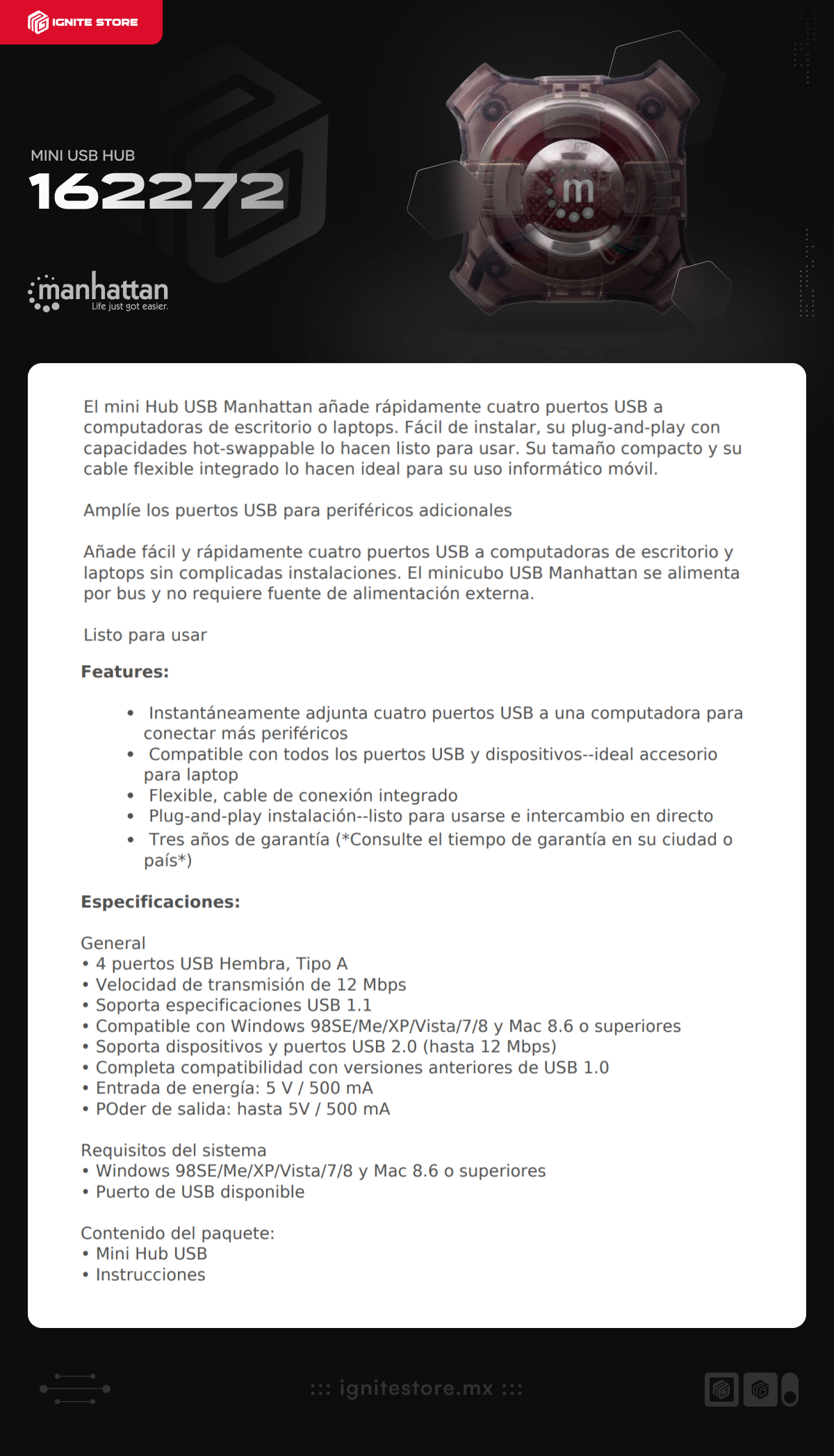 Mini HUB USB Manhattan 162272 | 4 Puertos USB-A | USB 2.0 | Negro | 162272