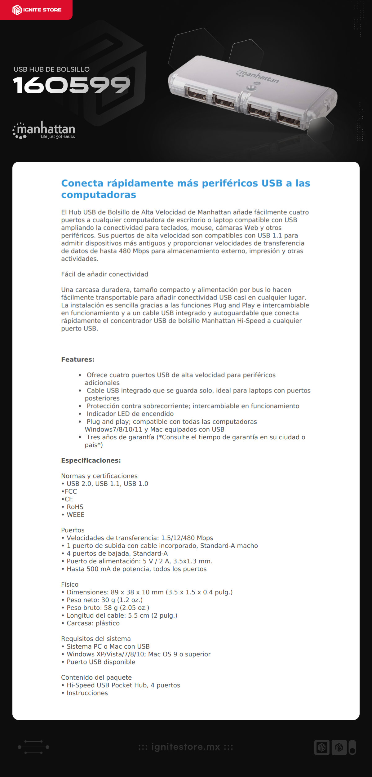 HUB USB de Bolsillo Manhattan 160599 | Alta Velocidad | 4 Puertos USB-A | USB 2.0 | Plateado | 160599