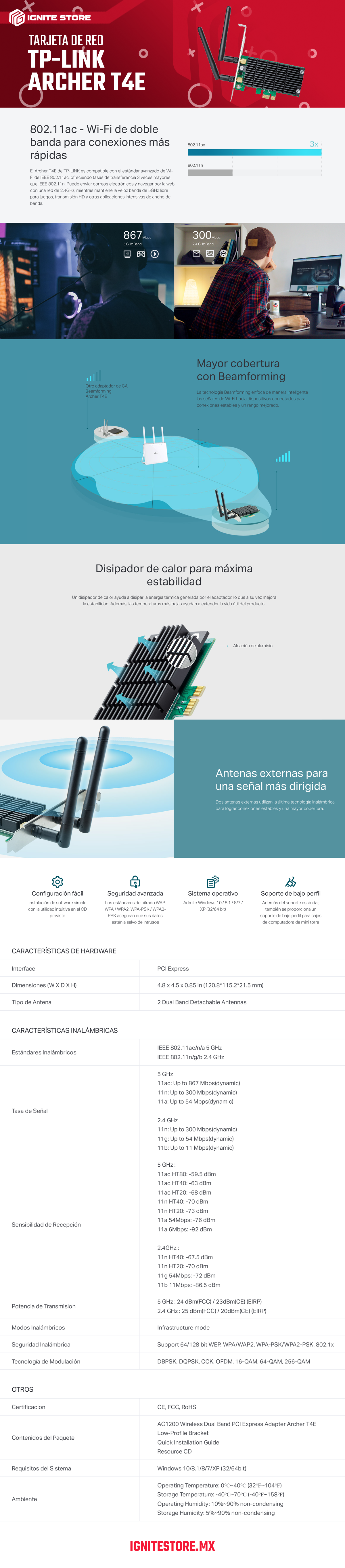 TARJETA DE RED INALÁMBRICA TP-LINK ARCHER T4E AC1200 DUALBAND PCIE 5.0GHZ