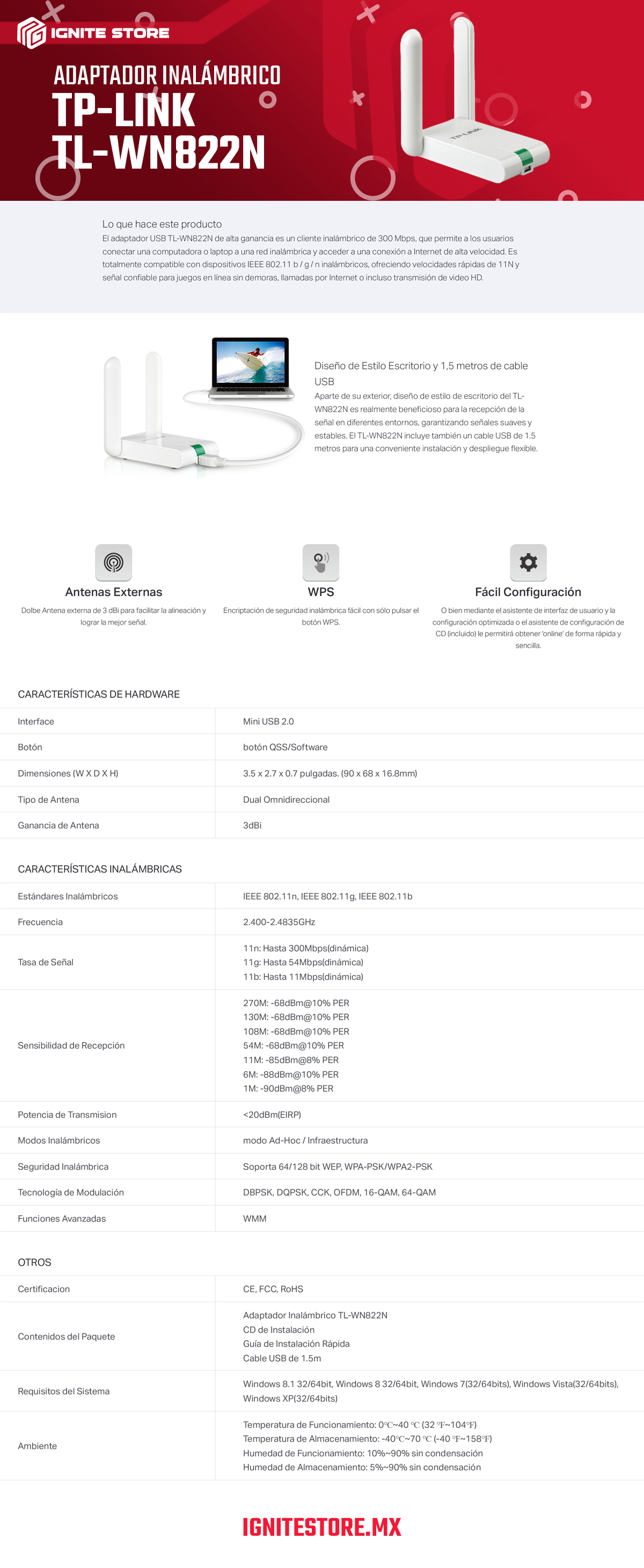 ADAPTADOR INALÁMBRICO TP-LINK TL-WN822N USB 2.0 2.4GHZ