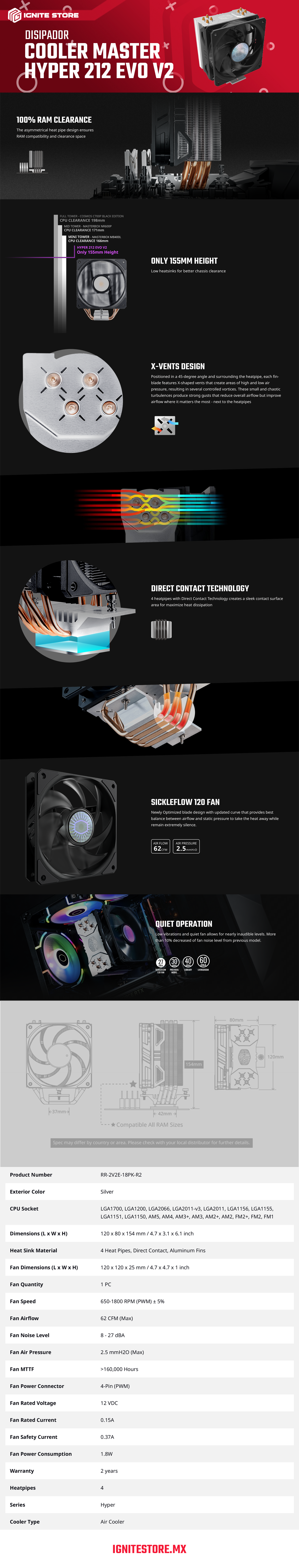 DISIPADOR PARA CPU COOLER MASTER HYPER 212 EVO V2 -  AM4 - LGA1700-1200 - RR-2V2E-18PK-R2