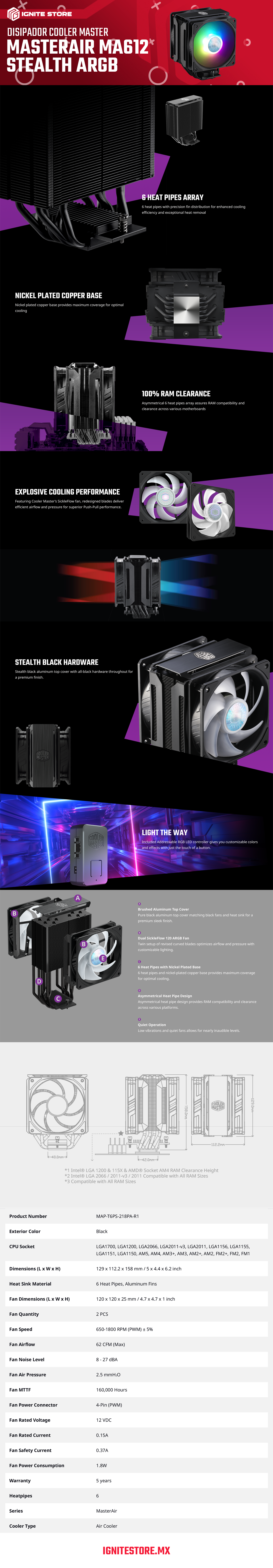 DISIPADOR PARA CPU COOLER MASTER MASTERAIR MA612 STEALTH ARGB - MAP-T6PS-218PA-R1