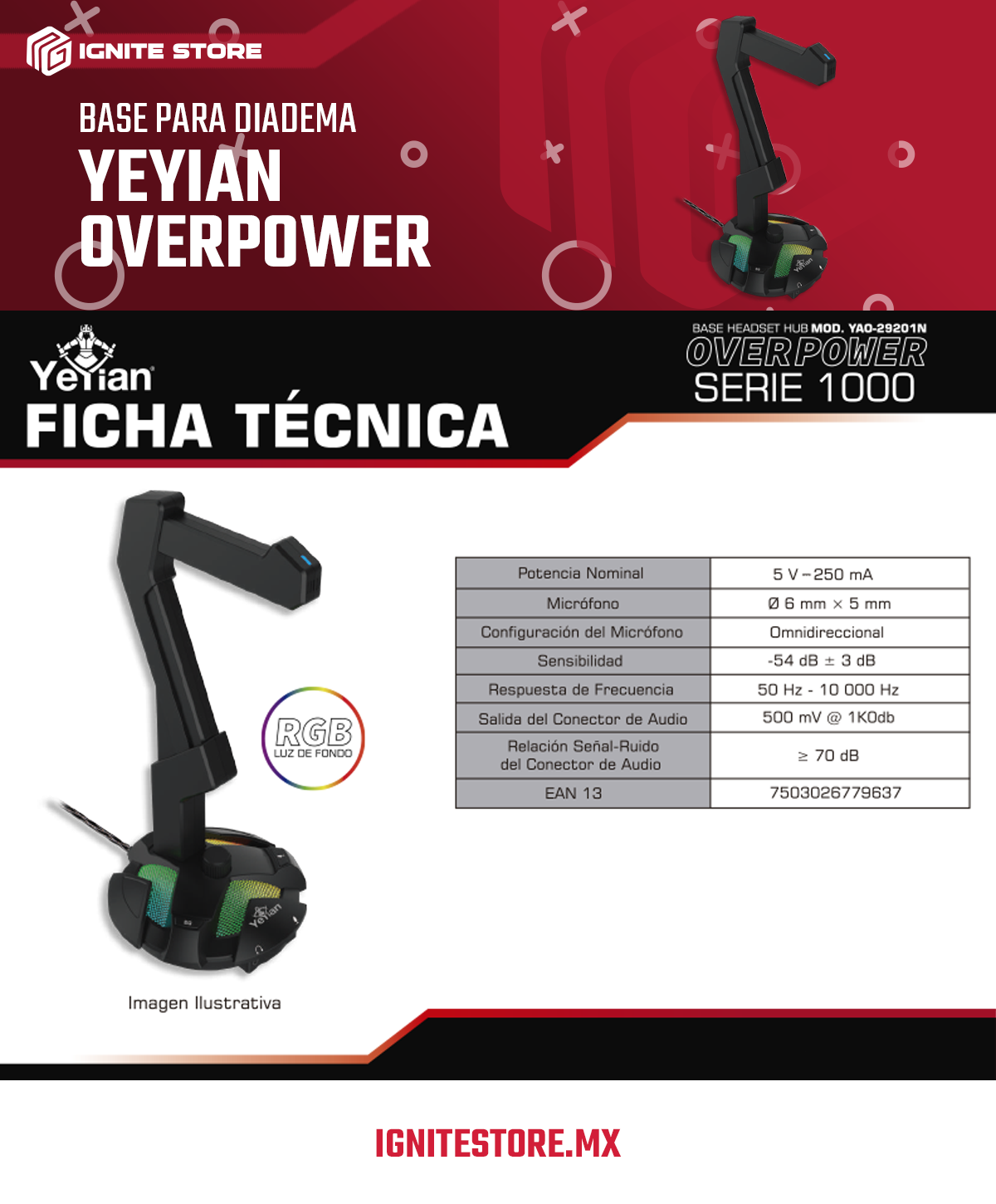 BASE HEADSET HUB/MICRO/RGB/USB OVERPOWER SERIE1000 YEYIAN - YAO-29201N