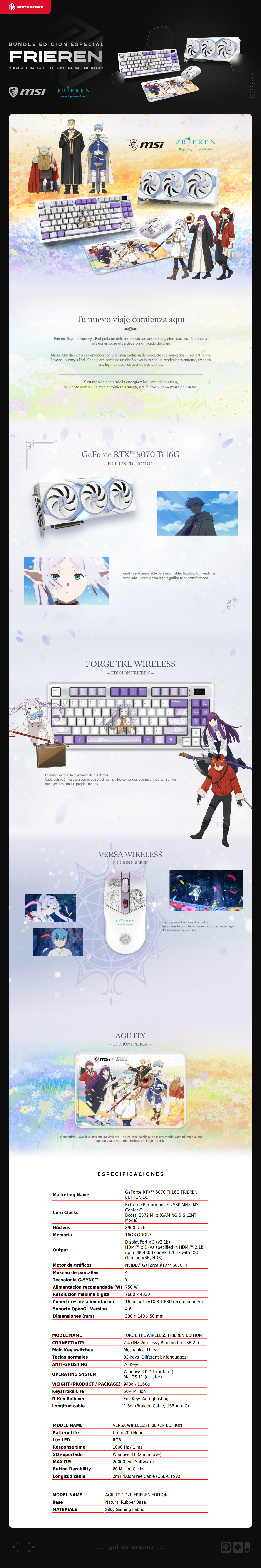 Bundle MSI Frieren Edition GeForce RTX 5070 Ti 16GB OC + Teclado, Mouse y Mousepad Gamer | GDDR7 | Edición Especial | Blanco