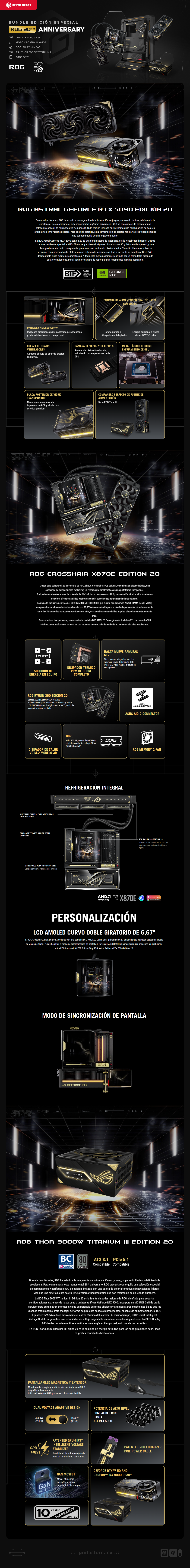 Bundle ASUS ROG Edition 20 | Tarjeta Madre ROG Crosshair X870E | Tarjeta de Video ROG Astral GeForce RTX 5090 | Fuente de Poder ROG Thor 3000W Titanium III | Gabinete ROG GR20 | No Incluye Procesador / RAM / Almacenamiento | ASUS ROG 20th Anniversary