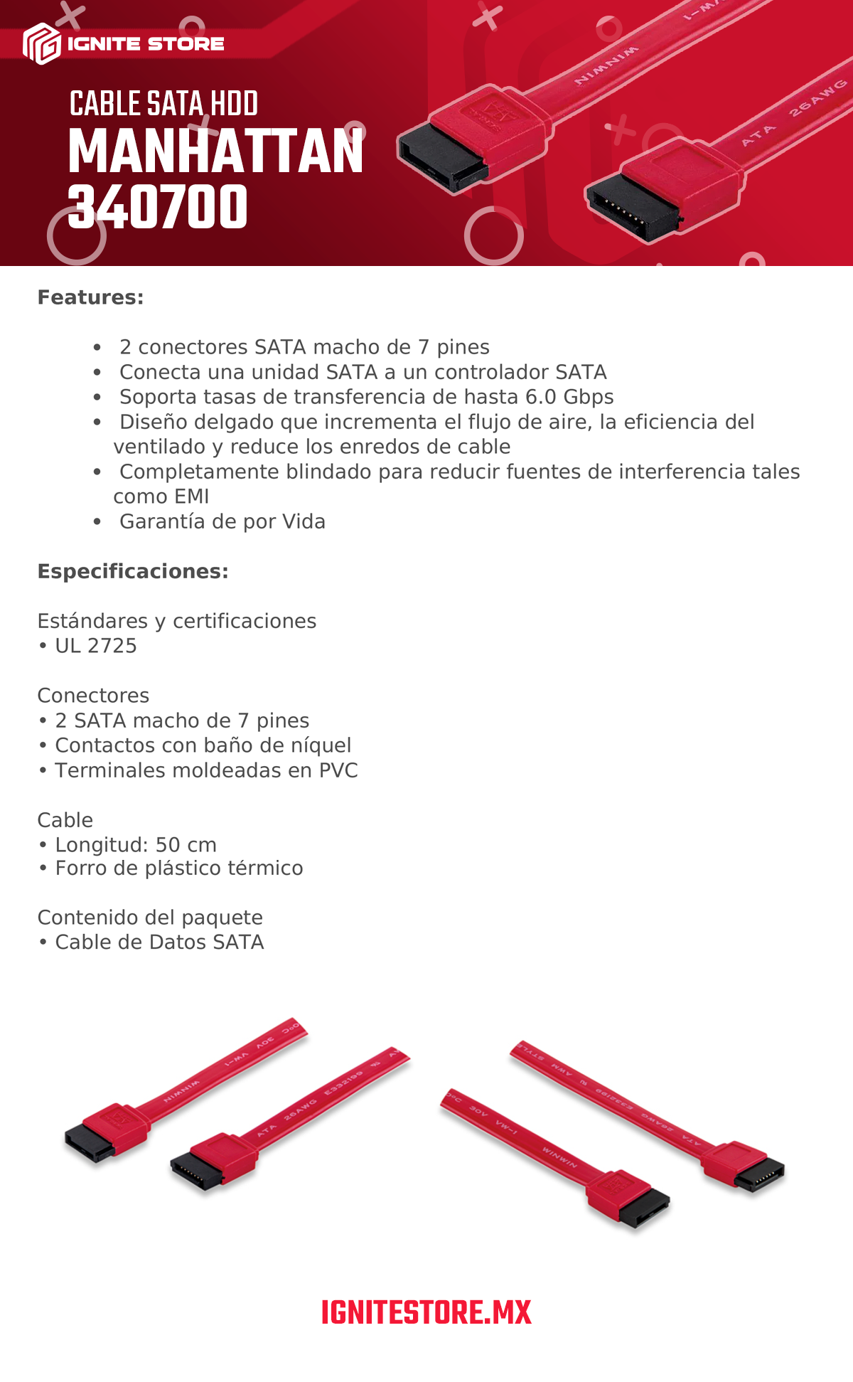 CABLE SATA HDD MANHATTAN 50CM ITEM 340700