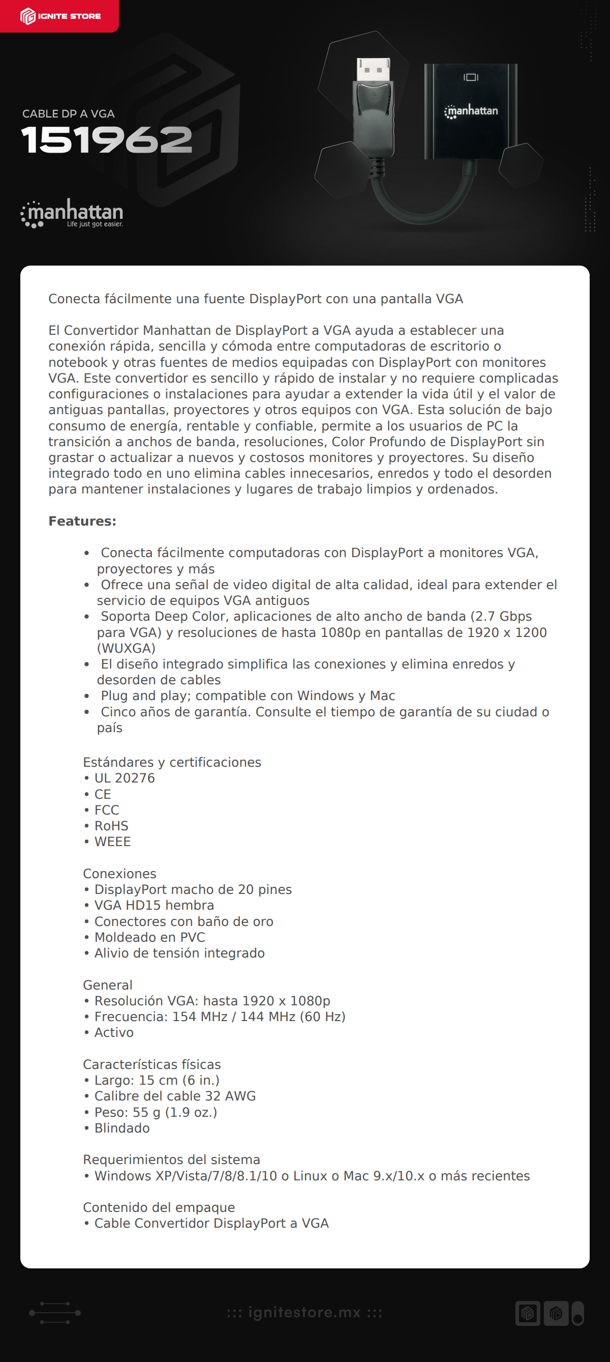 Cable DisplayPort a VGA Manhattan 151962 | DisplayPort (DP) Macho | VGA (D-Sub) Hembra | 60 Hz | 15 cm | Negro | 151962
