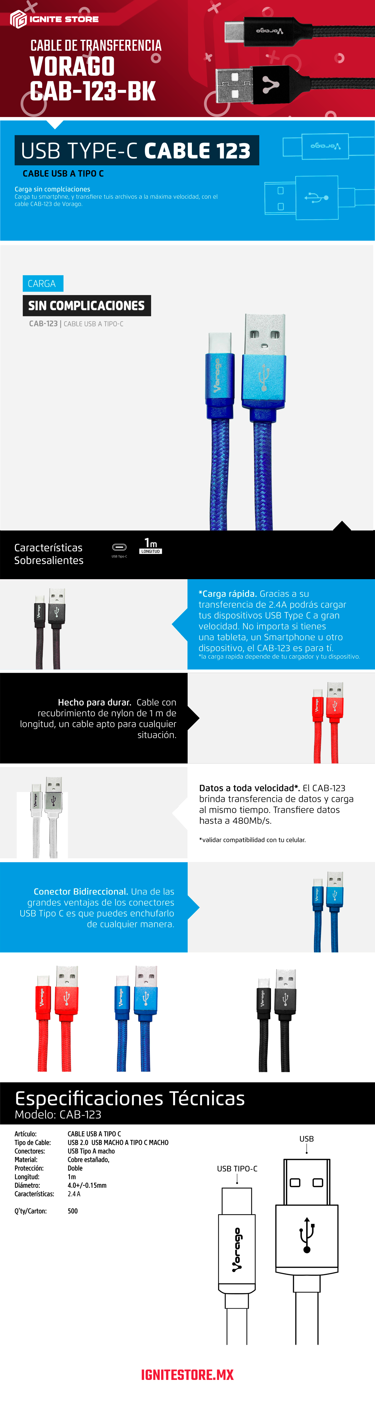 CABLE DE TRANSFERENCIA USB-USB C VORAGO CAB-123-BK