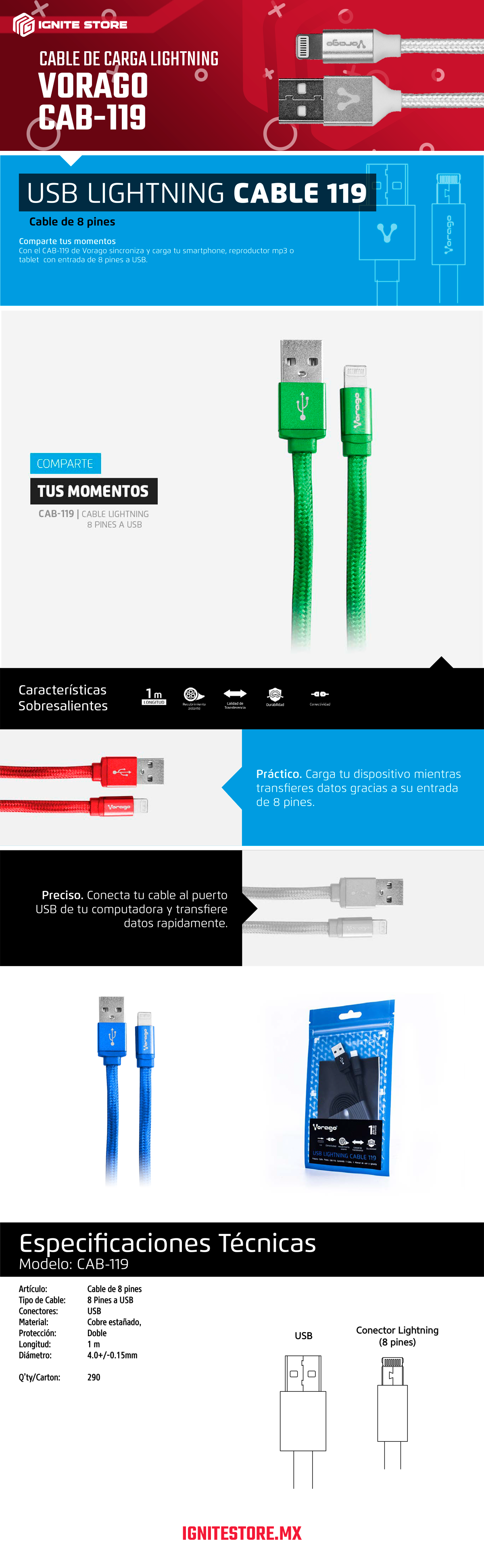 CABLE DE CARGA LIGHTNING VORAGO - USB 2.0 - LIGHTNING 8 PINES CAB-119-WH