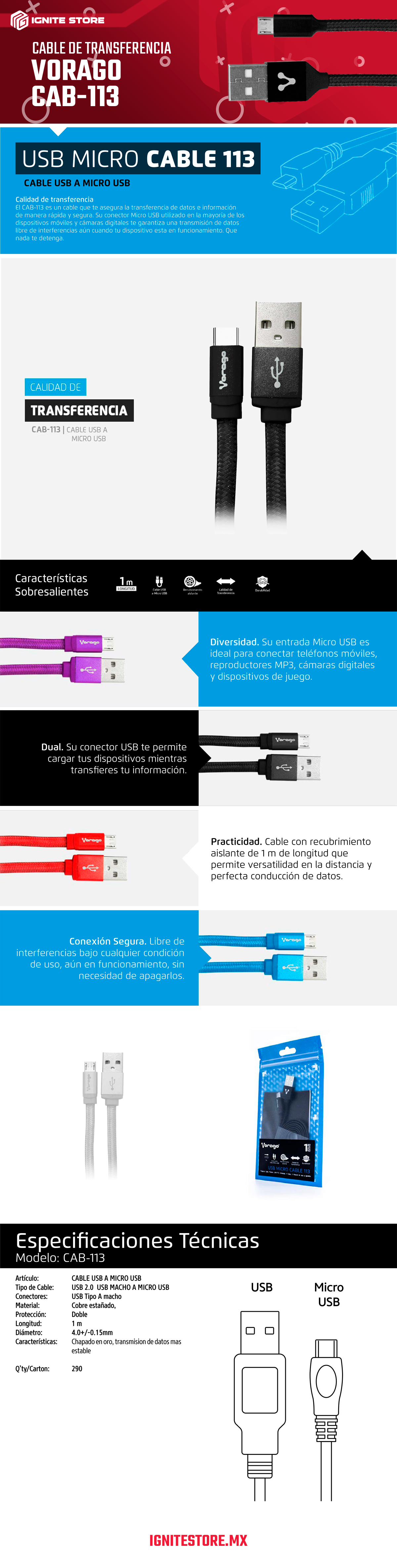 CABLE DE TRANSFERENCIA USB-MICRO USB VORAGO CAB-113