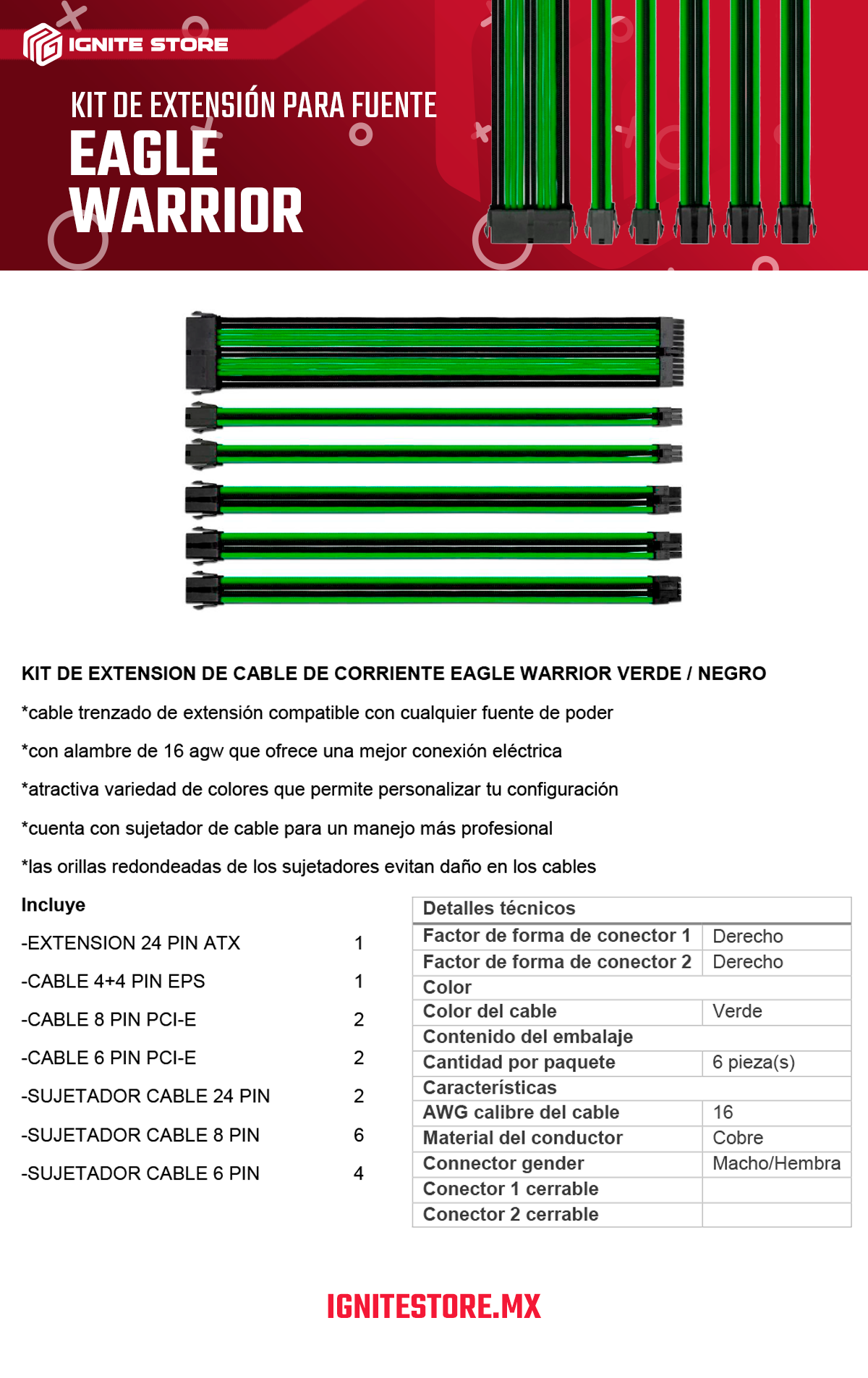 KIT DE EXTENSIÓN PARA FUENTE EAGLEWARRIOR NEGRO/VERDE - ACCABLEFAP302EGW