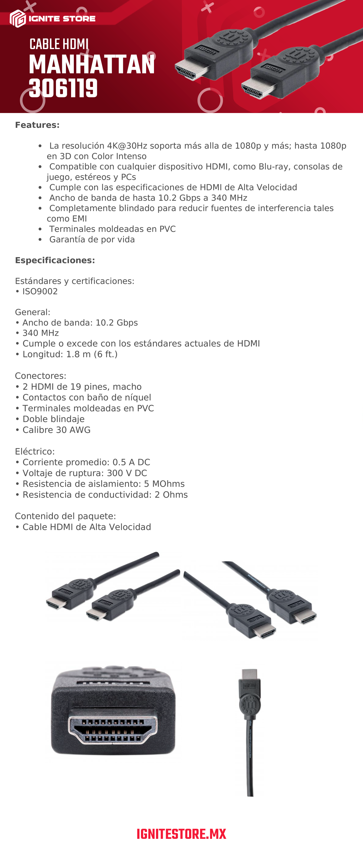 CABLE VIDEO HDMI MANHATTAN 1.3 M-M 1.8M 4K@30HZ, 3D BLINDADO 306119