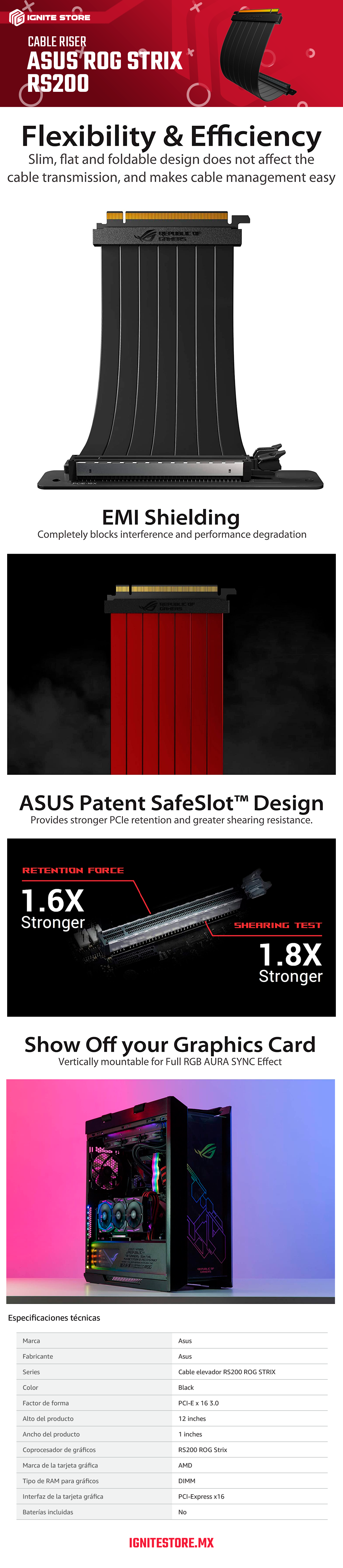 CABLE ASUS VERTICAL PARA GPU PCIE 3.0 X 16 ADAPTADOR 90 GRADOS SAFESLOT BLINDAJE RS200 RISER