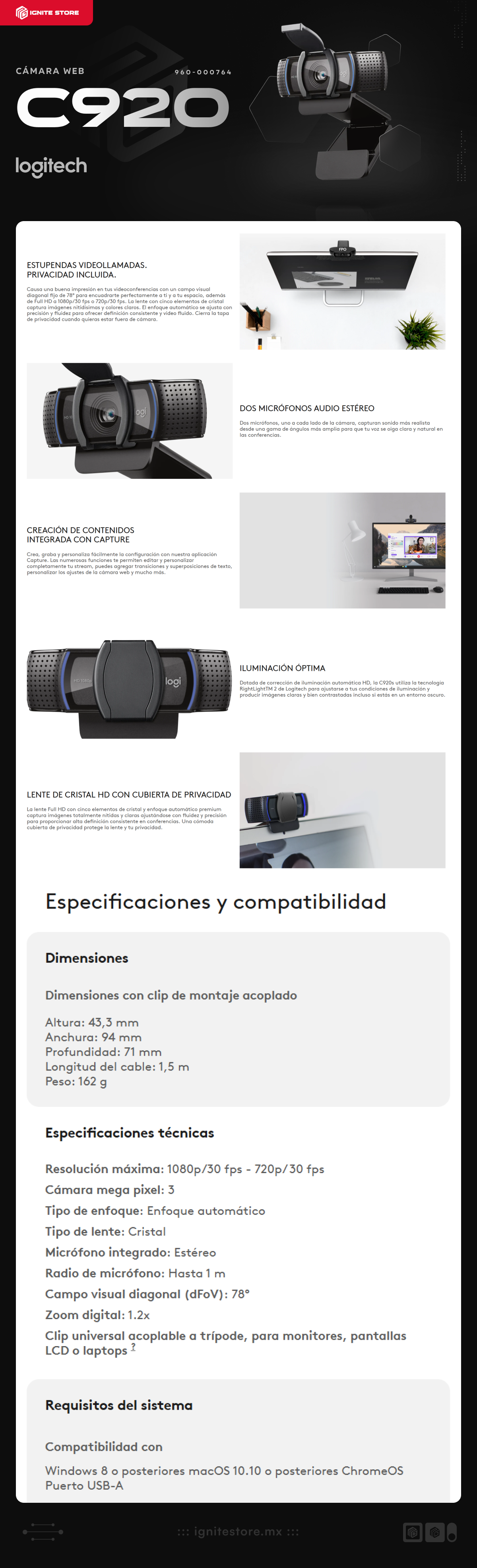 Camara Web HD Logitech C920 | Micrófono Estereo | 1920 x 1080  (FHD) | 30fps | 960-000764