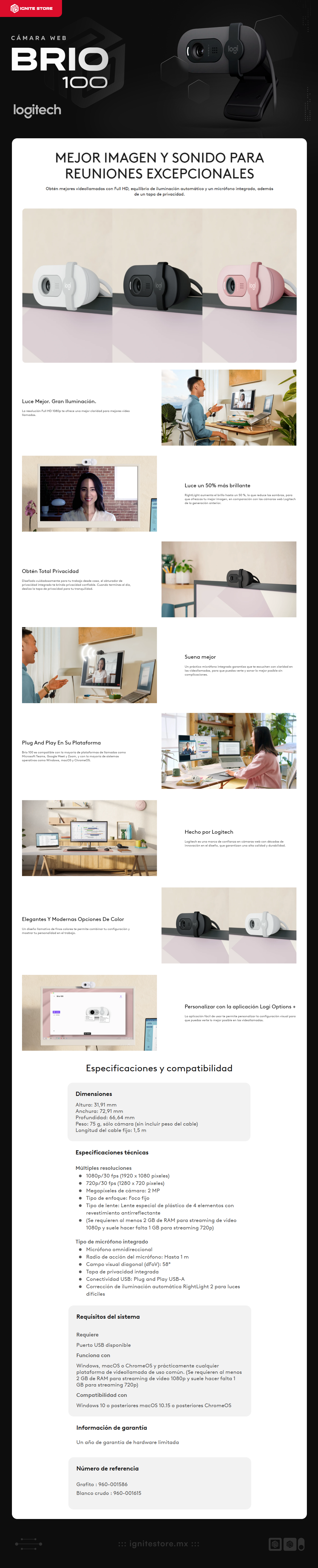 Cámara Web HD Logitech BRIO 100 | Micrófono Omnidireccional | 2 Mpx | 1920 x 1080 (FHD) / 1280 x 720 (HD) | 30 FPS | Gris (Grafito) | 960-001586
