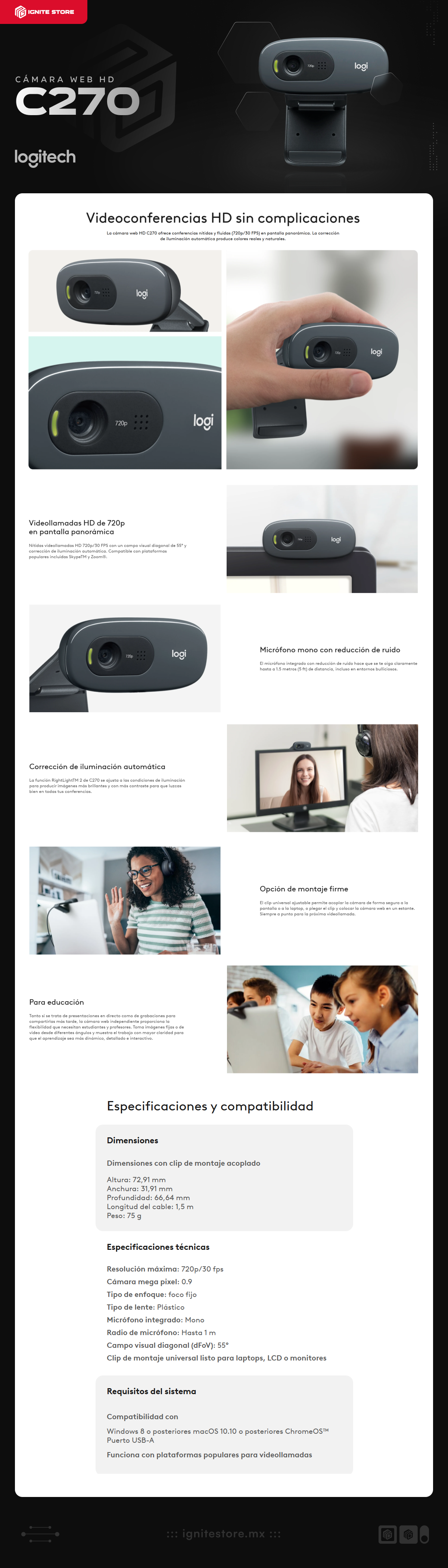 Cámara Web HD Logitech C270 | Micrófono Mono | 0.9 Mpx | 1280 x 720 (HD) | 30 FPS | Gris | 960-000694