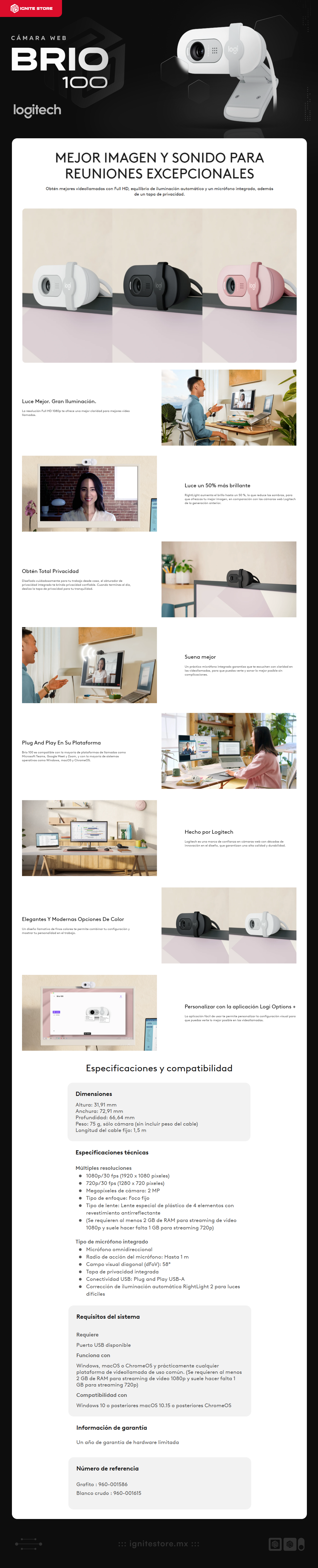 Cámara Web HD Logitech BRIO 100 | Micrófono Omnidireccional | 2 Mpx | 1920 x 1080 (FHD) / 1280 x 720 (HD) | 30 FPS | Blanco (Blanco Crudo) | 960-001615