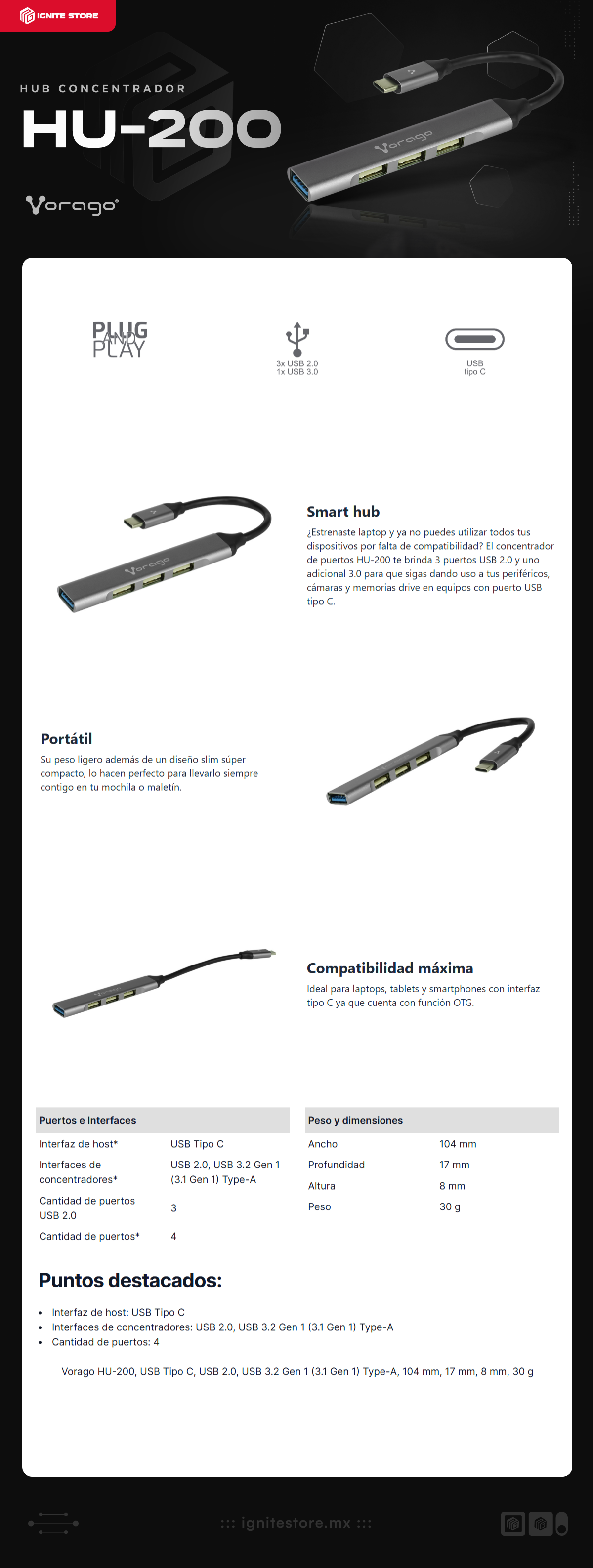 Hub Concentrador Vorago HU-200 | USB C Macho /  USB A Hembra | USB 2.0 x 3 | USB 3.0 x 1 | Color Plata | HU-200