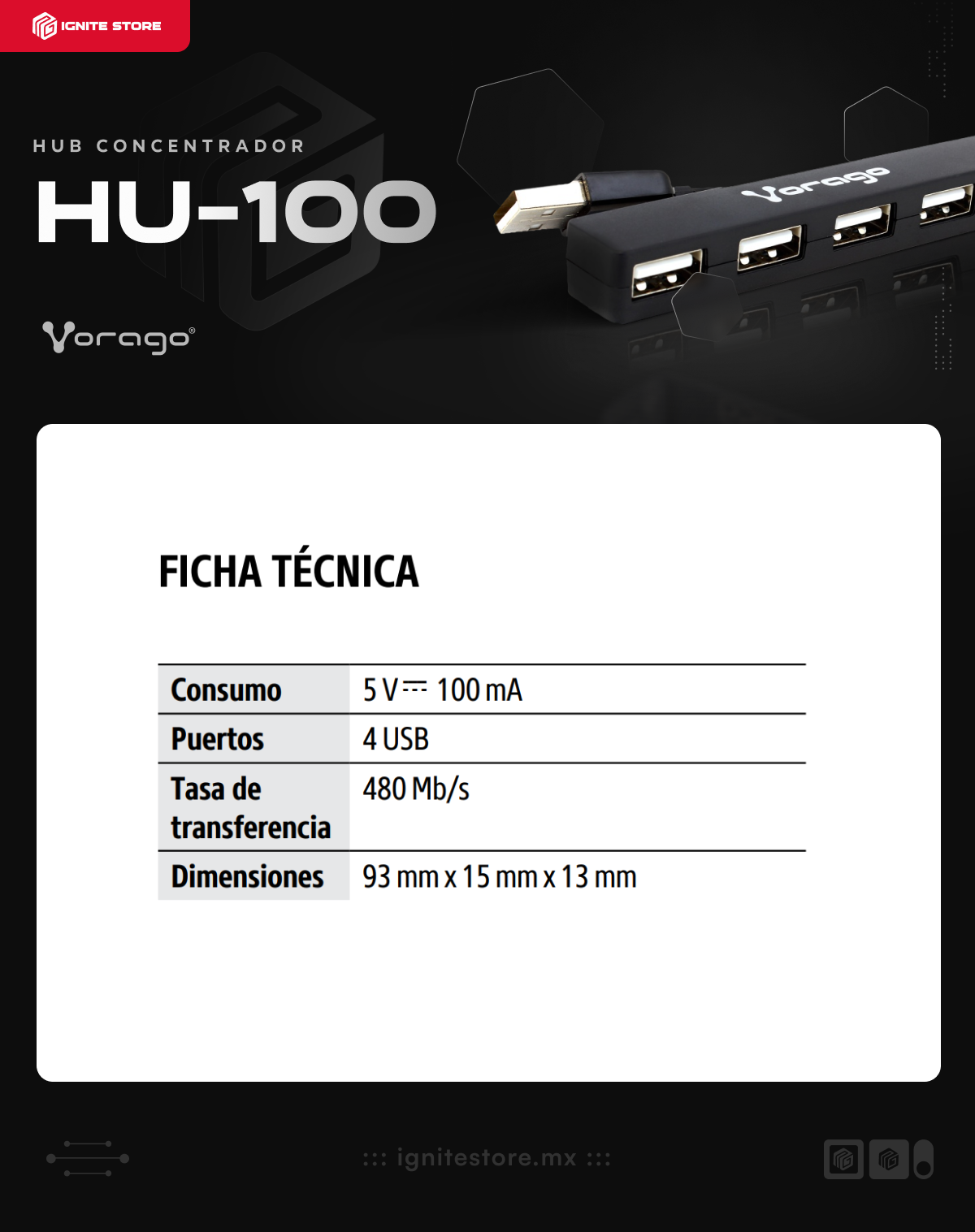 Hub Concentrador Vorago HU-100 | USB 2.0 Macho / USB 2.0 Hembra x 4 | 480 Mbit/s | Color Negro | HU-100