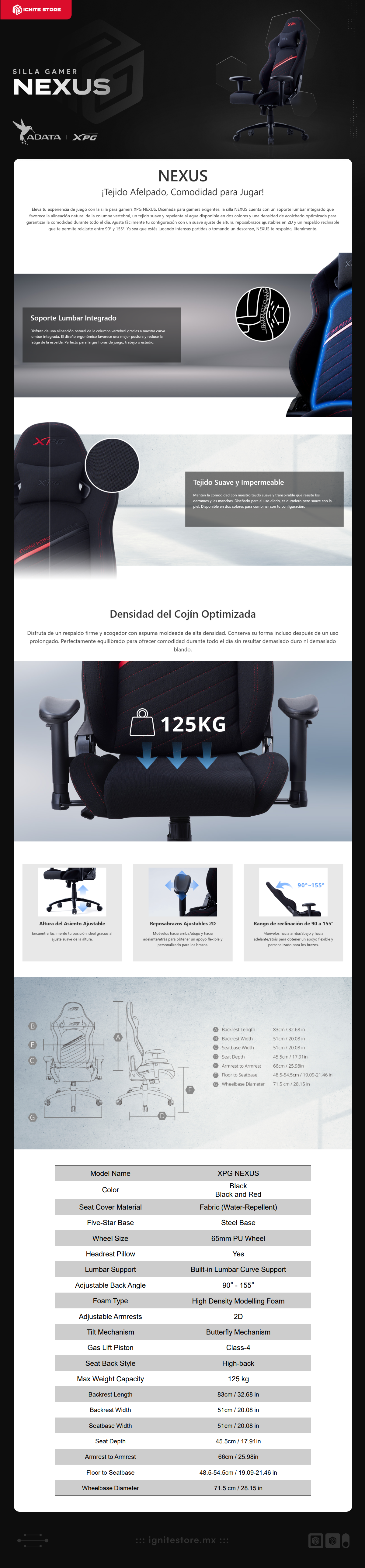 Silla Gamer ADATA XPG Nexus | Inclinación de 155° | Hasta 125 kg | Tela Repelente al Agua | Base de Acero | Negro / Rojo | NEXUS-RDCWW