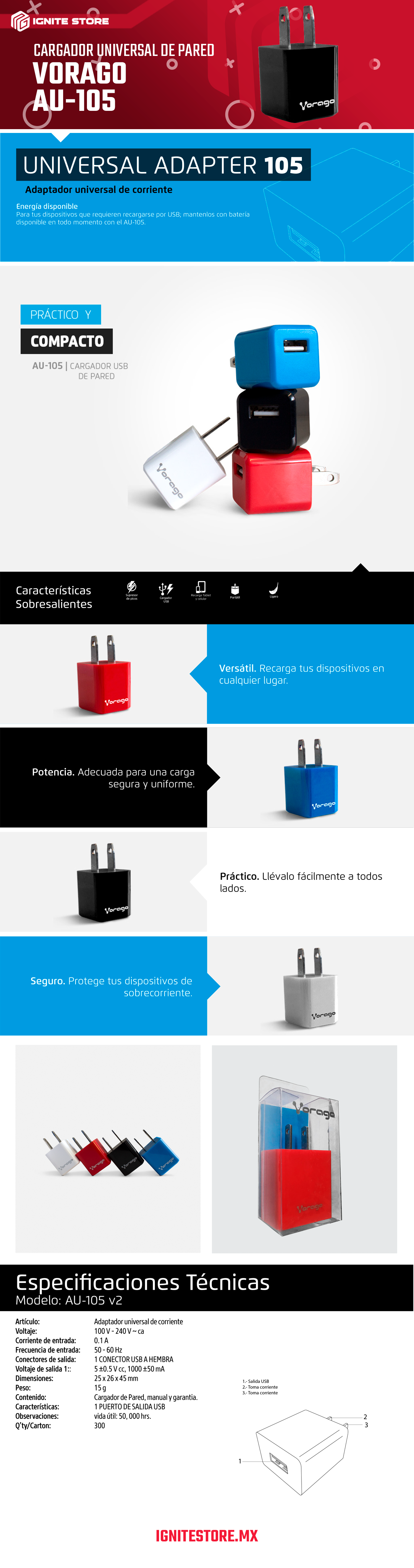 CARGADOR UNIVERSAL DE PARED USB 2.0 VORAGO AU-105