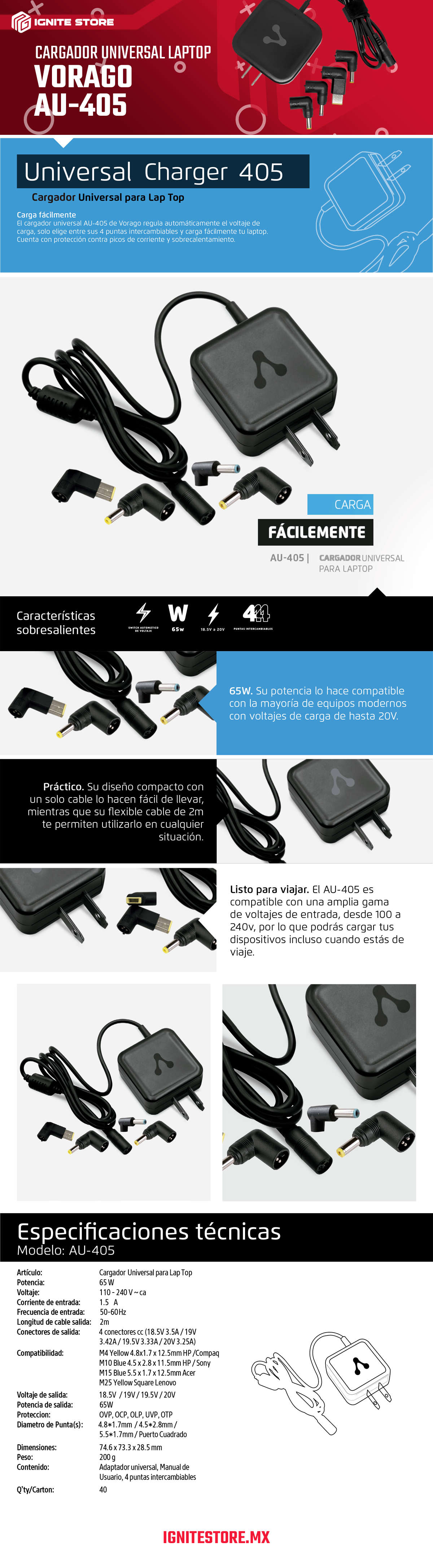 AU-405 Cargador Universal para Laptop - Vorago 