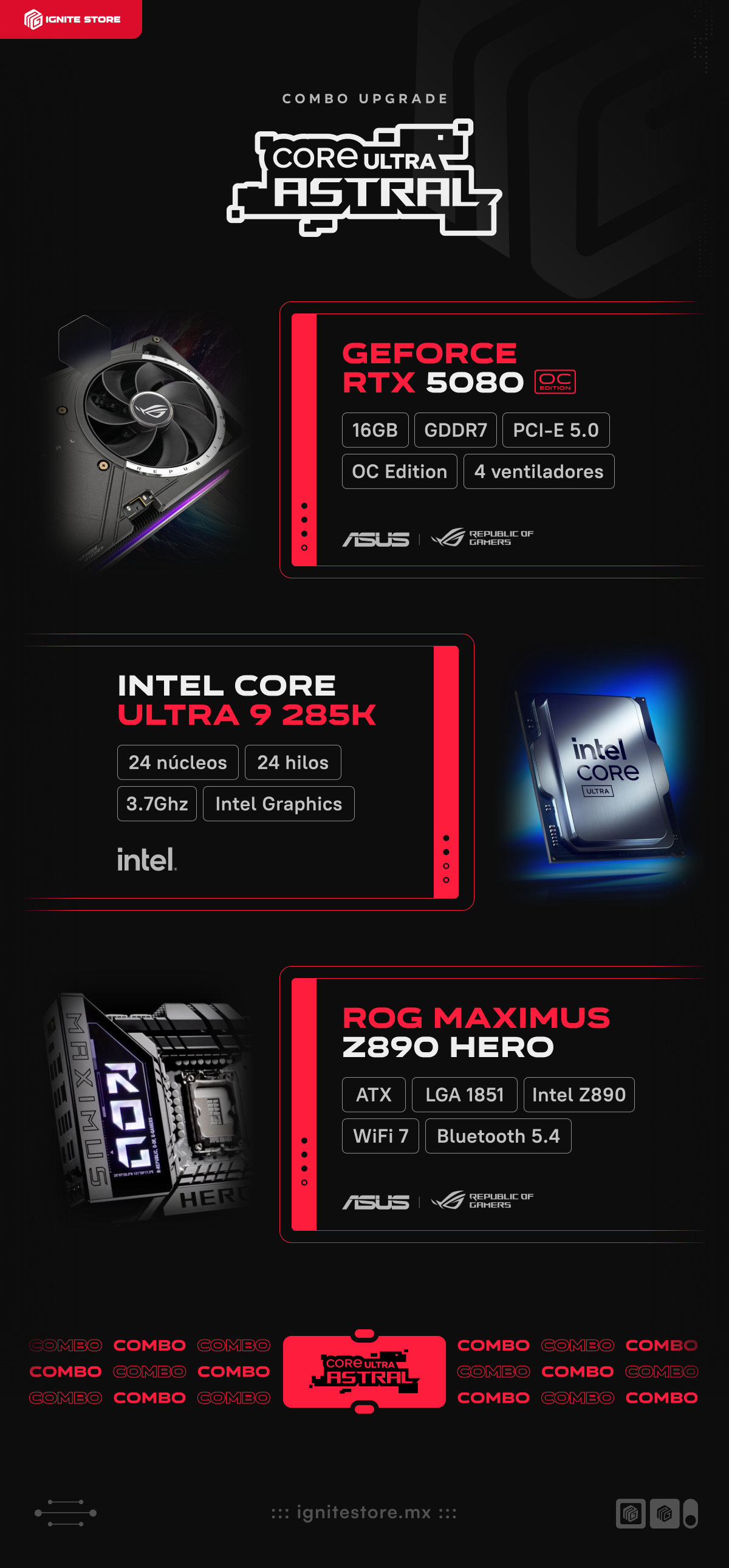 Combo Upgrade RTX 5080: Core Ultra Astral | Intel Core Ultra 9 285K + Tarjeta Madre ASUS ROG Maximus Z890 Hero + ASUS ROG Astral GeForce RTX 5080 OC Edition 