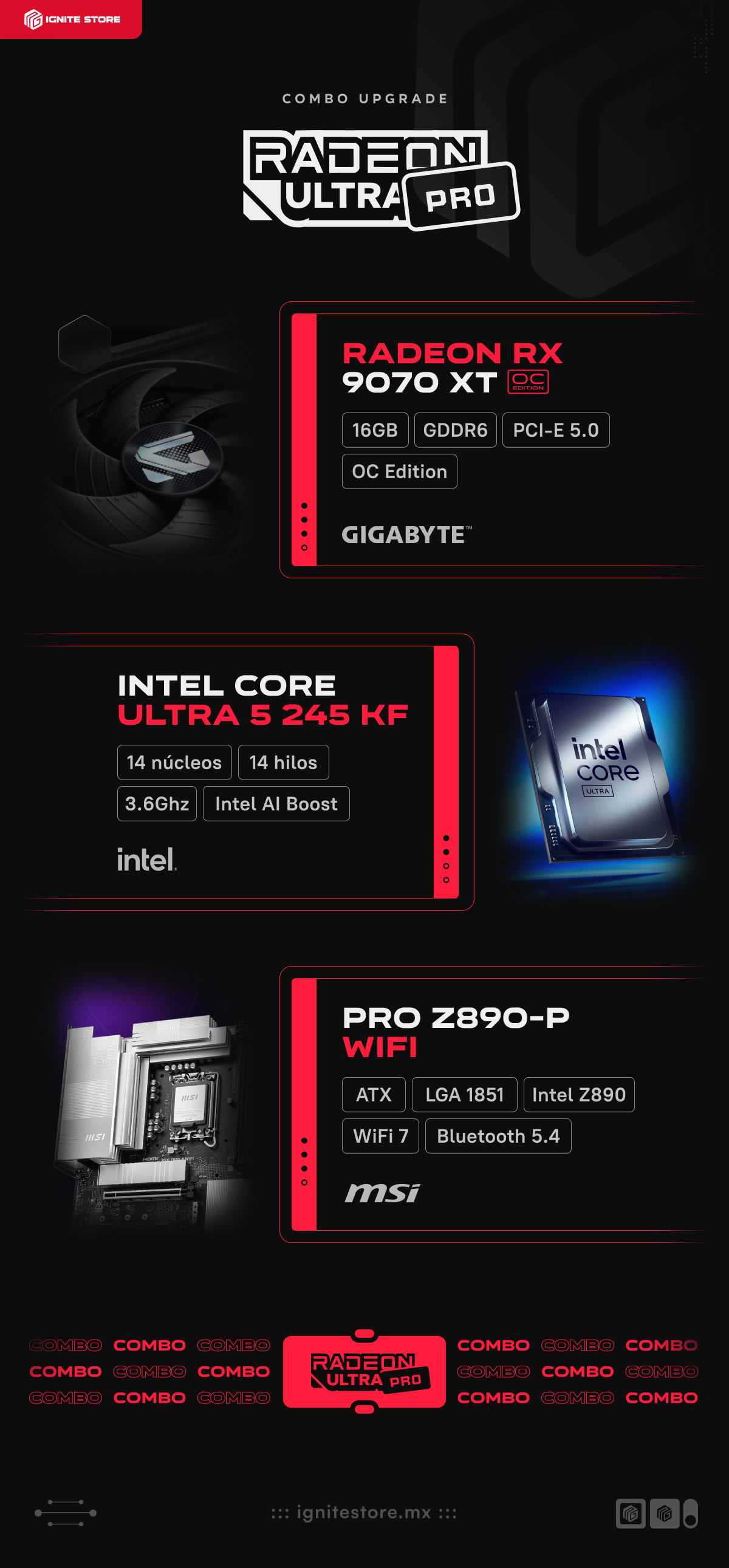 Combo Upgrade RX 9070 XT: Radeon Ultra 5 PRO | Intel Core Ultra 5 245KF + Tarjeta Madre MSI PRO Z890-P WiFi + Tarjeta de Video GIGABYTE Radeon RX 9070 XT Gaming OC 