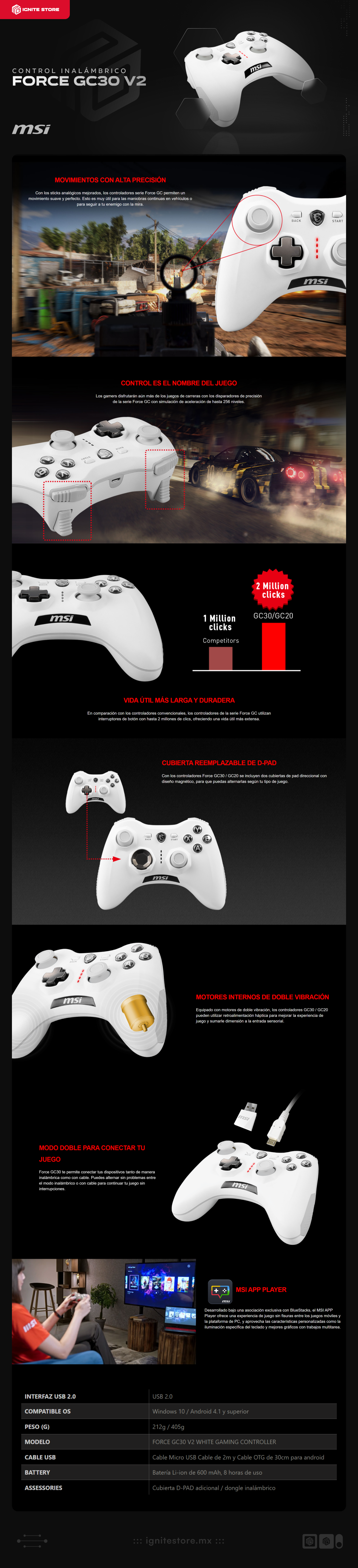 Control Inalámbrico MSI FORCE GC30 V2 | Hasta 8 Horas de Carga | USB 2.0 | PC / Android / Consolas | Incluye Cable Micro USB / Cable OTG / Adaptador Inalámbrico | Blanco | MSI FORCE GC30 V2 WHITE