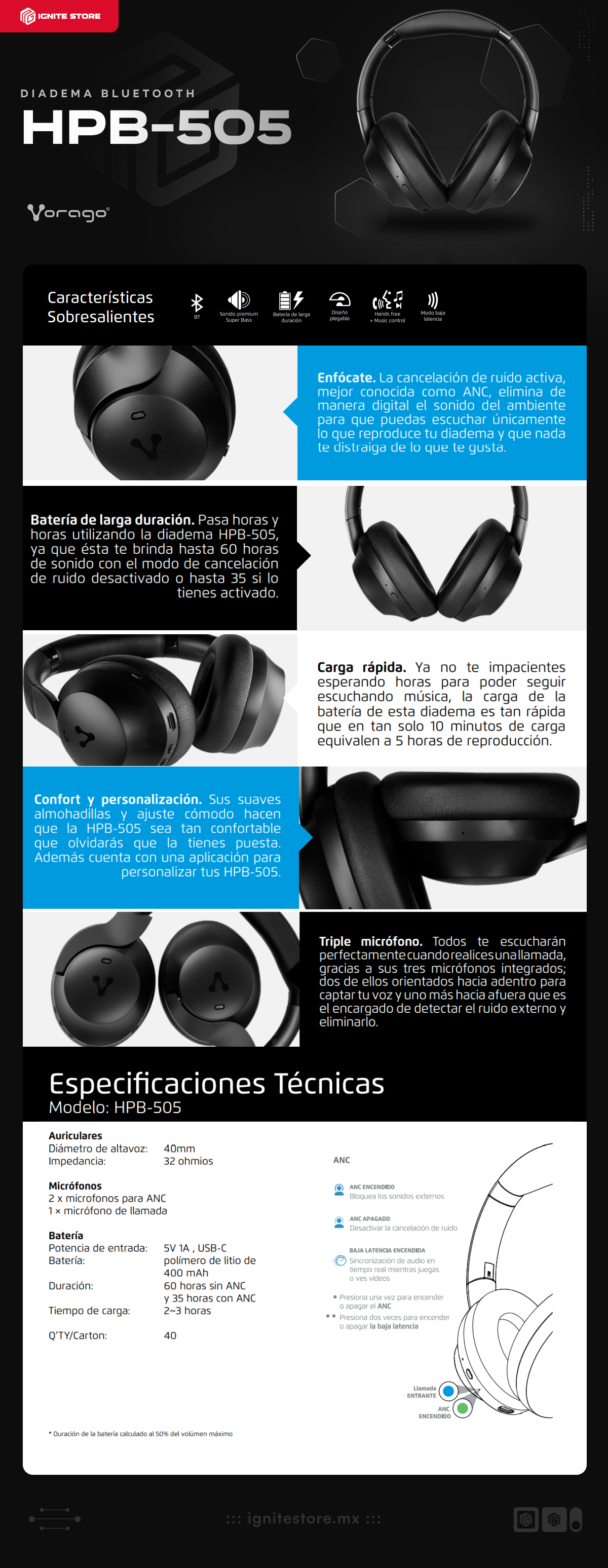 Diadema Bluetooth Vorago HPB-505 | Bluetooth 5.0 | Super Bass | Bateria 60 Hrs Duracion | Manos libres | Plegables | HPB-505