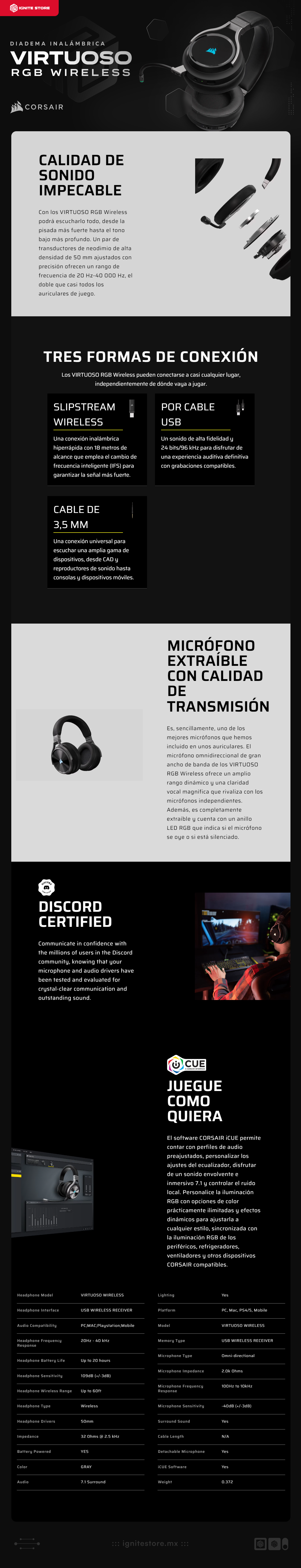 Diadema Inalámbrica Corsair VIRTUOSO RGB WIRELESS | Micrófono desmontable Omni-direccional |  7.1 Surround | 20hrs batería | PC / MAC / PlayStation / Mobile | Color Carbón | CA-9011185-NA