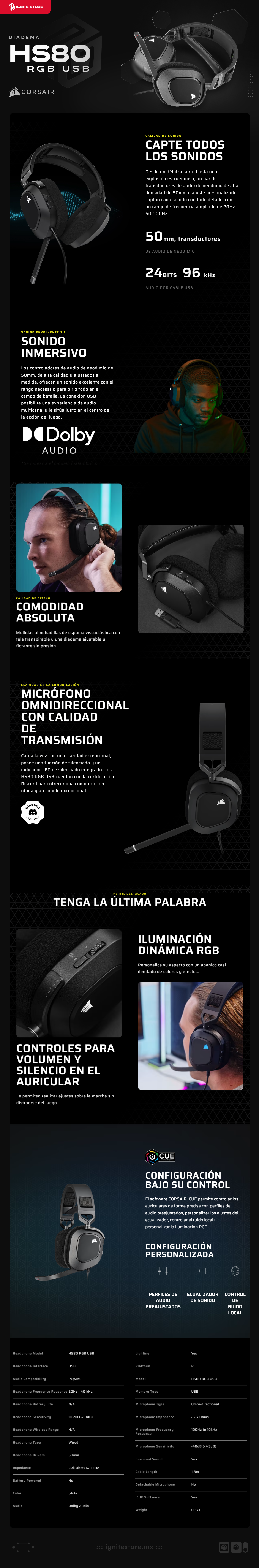 Diadema Alámbrica Corsair HS80 RGB USB | Micrófono Omnidireccional |  Dolby Audio | PC/MAC | 1.8m Longitud del Cable | Color Carbón | CA-9011237-NA