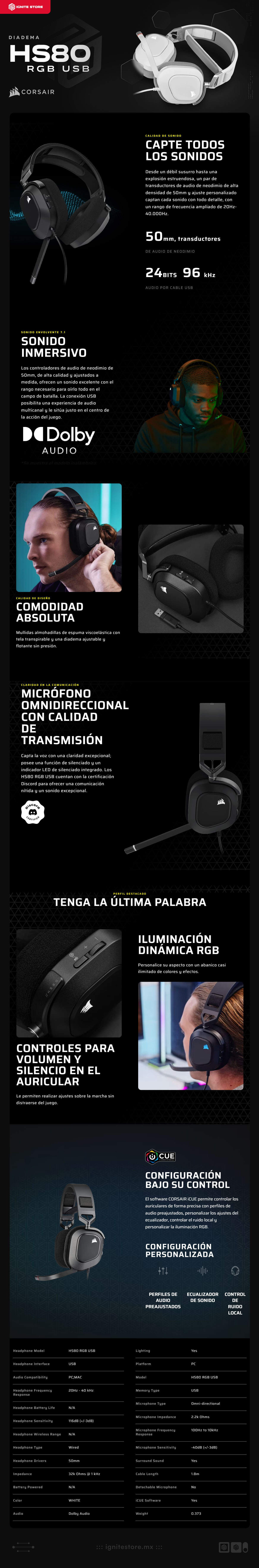 Diadema Alámbrica Corsair HS80 RGB USB | Micrófono Omnidireccional | Dolby Audio | PC/MAC | 1.8m Longitud del Cable | Color Blanco | CA-9011238-NA