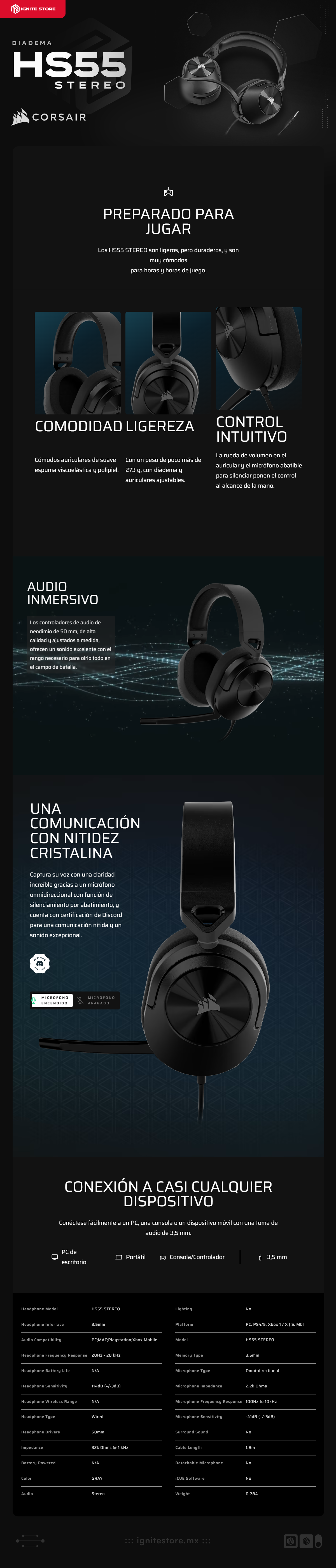 Diadema Corsair HS55 STEREO | Alámbrico | 1.8 Metros | 3.5mm | Micrófono Omnidireccional |  PC, PS4/5, Xbox 1 / X | S | Negro | CA-9011260-NA