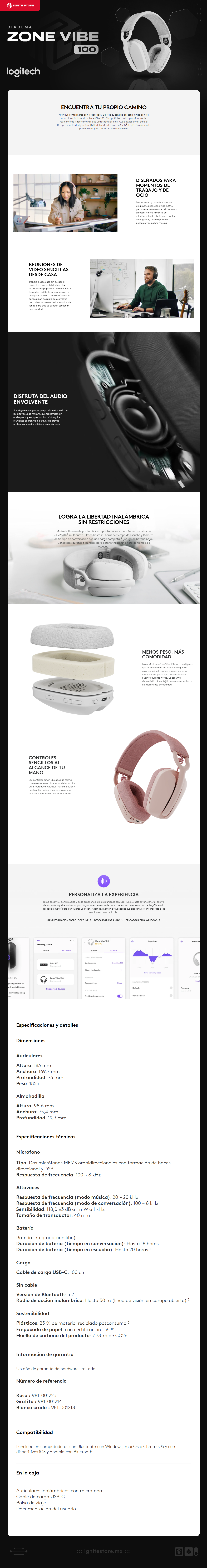 Diadema Inalámbrica Logitech ZONE VIBE 100 | Bluetooth | Carga USB -C | Micrófonos Omnidireccionales | Color Blanco Crudo | 981-001218