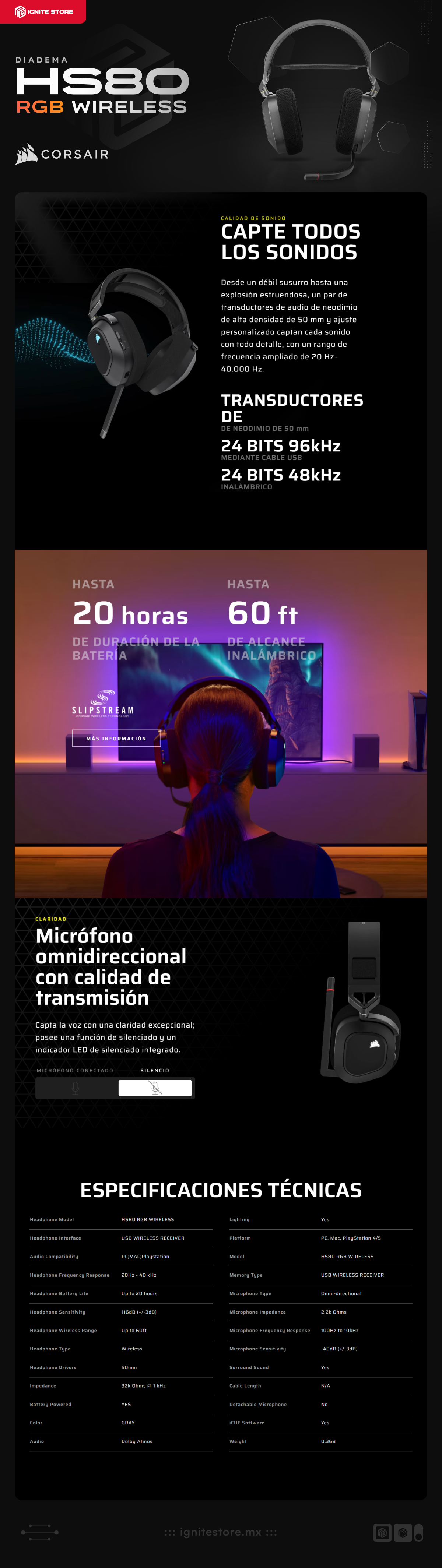 Diadema Inalámbrica Corsair HS80 RGB WIRELESS | Audio Espacial | Inalámbrico por Receptor USB |  PC/MAC/Playstation | Micrófono | Color Carbón | CA-9011235-NA