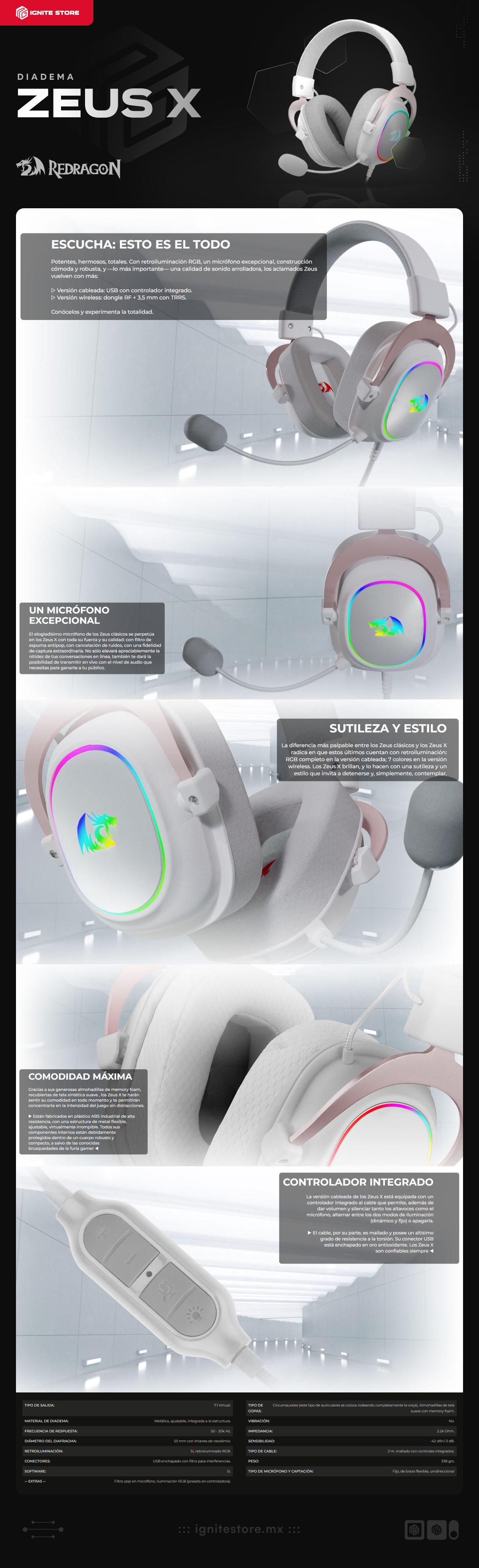 Diadema Alámbrica Redragon Zeus X | Micrófono Flexible Unidireccional | 7.1 Surround | Controlador de Audio | PC / PS4 / Switch | RGB | Blanco | H510W-RGB