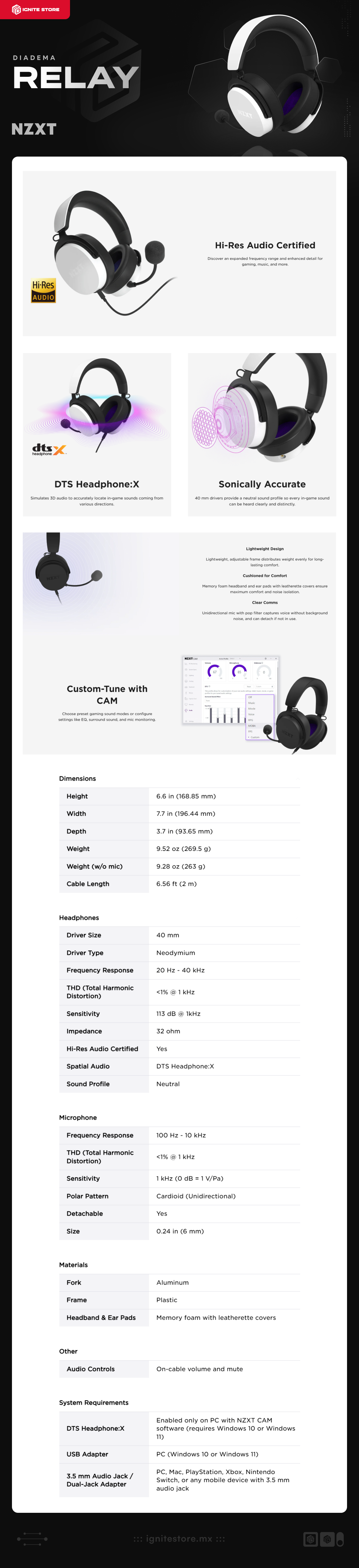 Diadema Alámbrica NZXT Relay | Micrófono Unidireccional Desmontable | Audio Hi-Res | DTS Headphone: X (Audio 3D) | PC / Mac / PlayStation / Xbox / Switch / Móvil | Blanco | AP-WCB40-W2