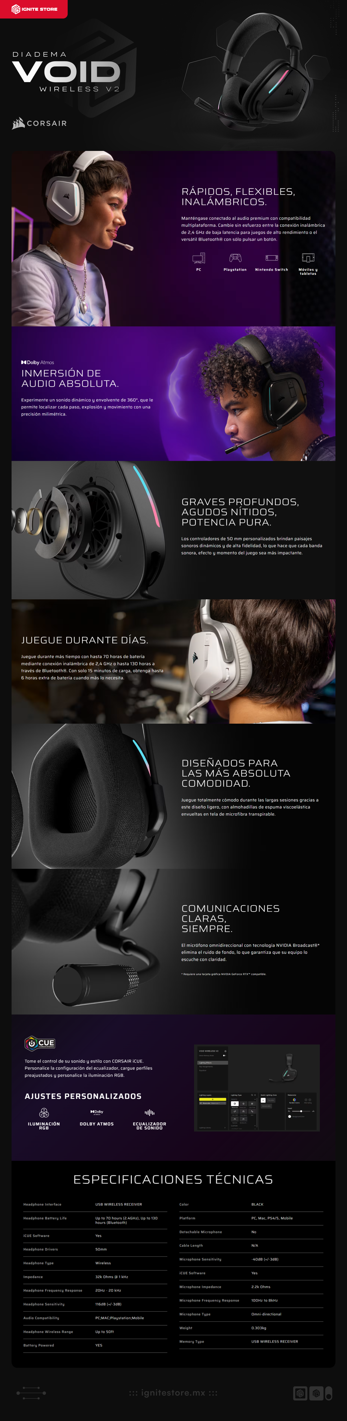 Diadema Inalámbrica Corsair VOID WIRELESS v2 | Micrófono Omnidireccional | Hasta 60 Hrs de Batería | PC / Mac / PlayStation / Móvil | Negro | CA-9011379-WW