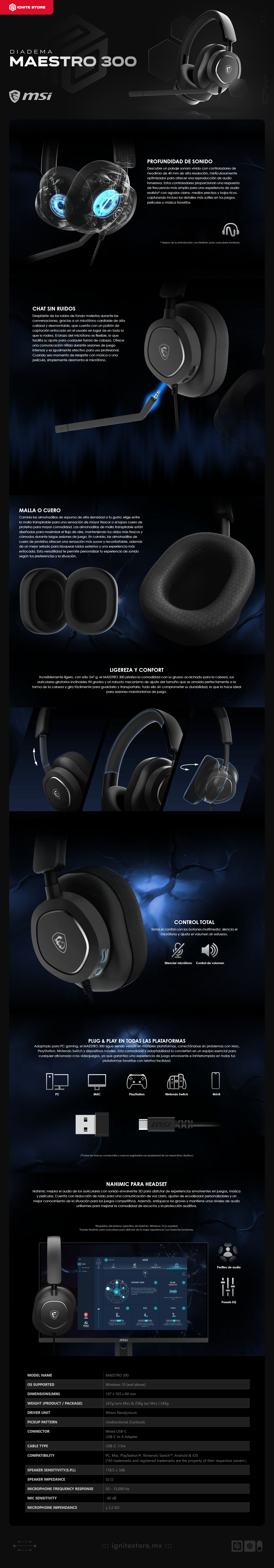 Diadema Alámbrica MSI MAESTRO 300 | Micrófono Unidireccional | Almohadillas Intercambiables | Nahimic: Audio Surround 3D | USB-C a USB-A | PC / Nintendo Switch / PlayStation / Móvil | Negro | MAESTRO 300