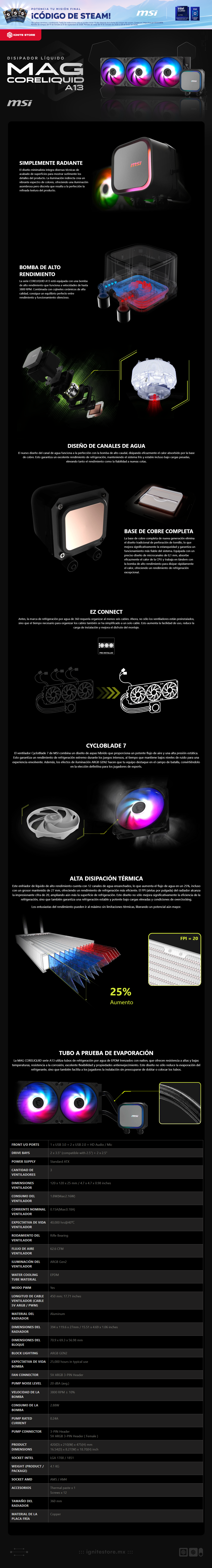 Enfriamiento Líquido MSI MAG CORELIQUID A13 360 | 360mm | 3800 RPM | 20 dBA | 3 Ventiladores 120mm | ARGB | MAG CORELIQUID A13 360