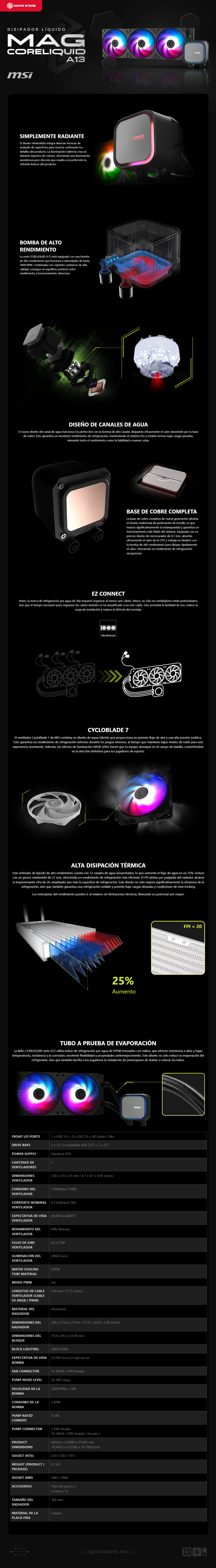 Enfriamiento Líquido MSI MAG CORELIQUID A13 360 | 360mm | 3800 RPM | 20 dBA | 3 Ventiladores 120mm | ARGB | MAG CORELIQUID A13 360