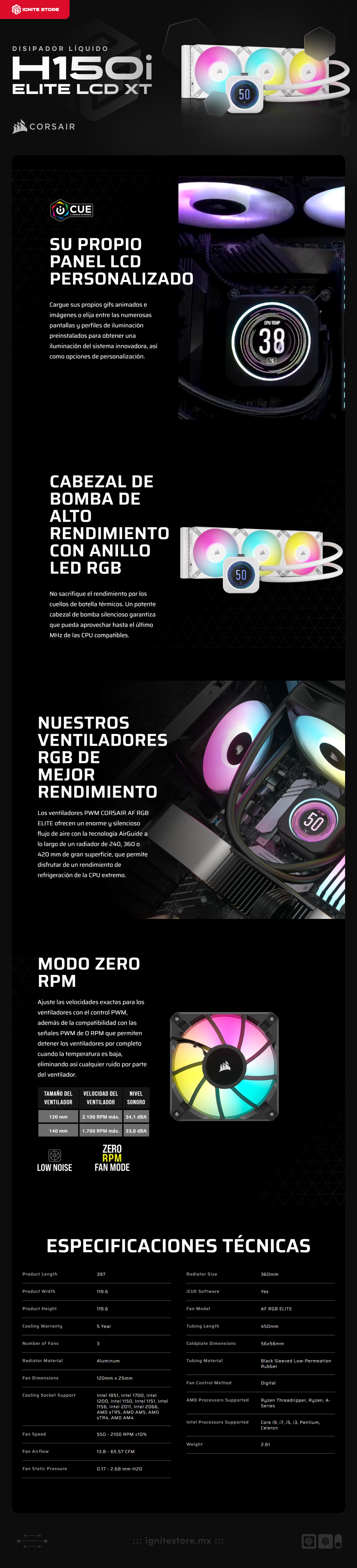 Enfriamiento Líquido Corsair iCUE H150i ELITE LCD XT | 360mm | Ventiladores  AF RGB ELITE 120mm |  Intel 1851 / 1700 | AMD AM4 / AM5 | Color Blanco | CW-9060077-WW