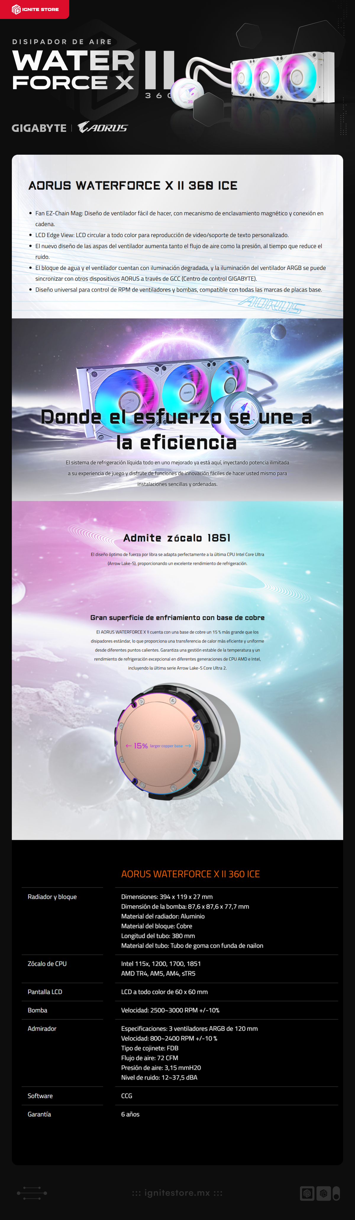 Enfriamiento Líquido GIGABYTE AORUS Waterforce X II 360 ICE | 360mm | LCD Display | Intel 1851,1700, / AMD AM4/AM5 | 2500~3000 RPM | 12~37.5 dBA | GP-AORUS WATERFORCE X II 360I