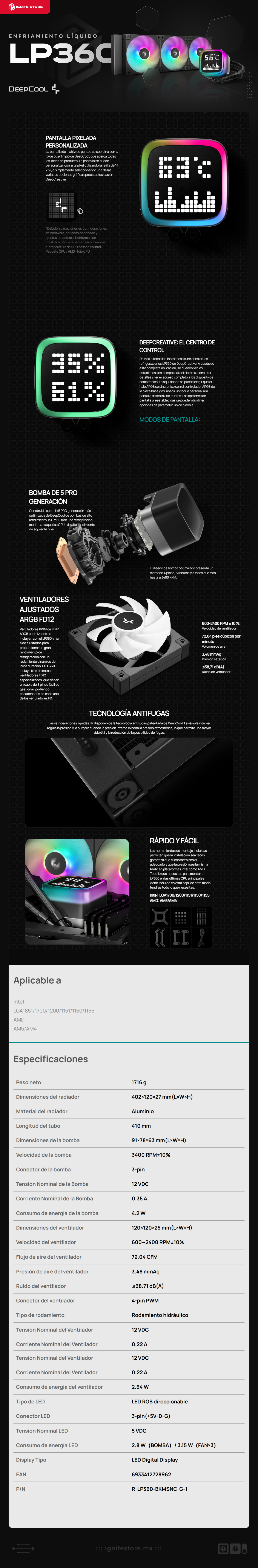 Enfriamiento Líquido DeepCool LP360 | 3x120mm | 600~2400 RPM | 38.71 dBA | Display LED Digital | Color Negro | R-LP360-BKMSNC-G-1