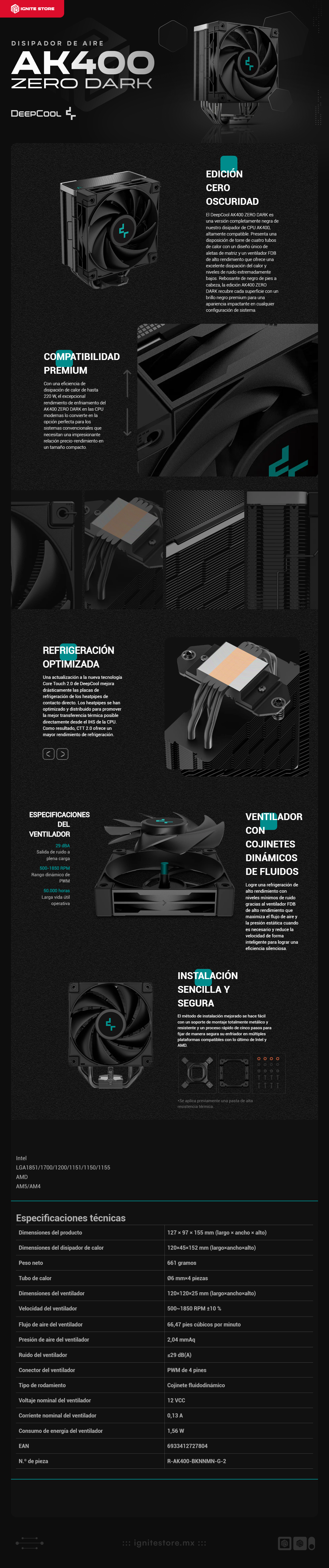 Disipador de Aire Deepcool AK400 ZERO DARK | 120mm | 500~1850 RPM | 29 dBA | LGA1851/1700 | AM5/AM4 | R-AK400-BKNNMN-G-2