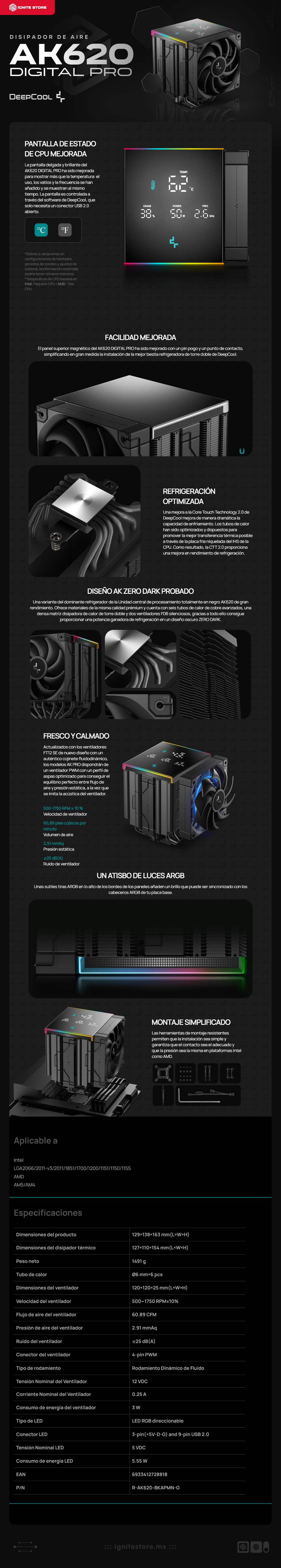 Disipador de Aire Deepcool AK620 DIGITAL PRO | 120mm | 500~1750 RPM | 25 dBA | LED RGB | Color Negro | R-AK620-BKAPMN-G