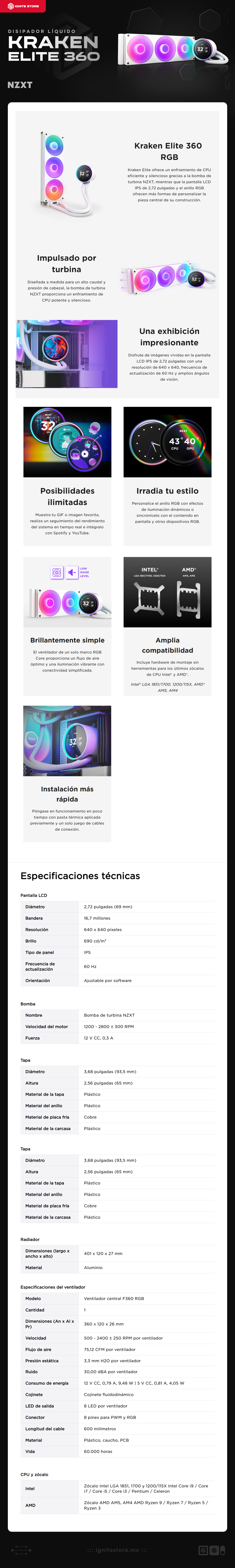Enfriamiento Líquido NZXT Kraken Elite 360 RGB | 1,200 - 2,800 ± 300 RPM | Ventilador F360 RGB | Pantalla LCD Personalizable (60 Hz) | LGA 1851 / AM5 | Color Blanco | RL-KR36E-W2