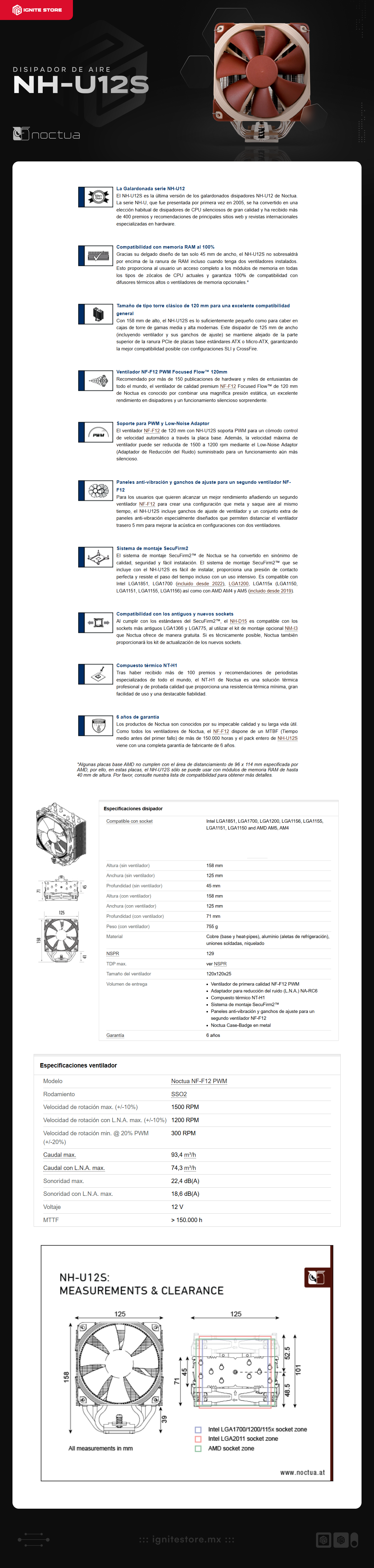 Disipador de Aire Noctua NH-U12S | 158 mm | 300 a 1500 RPM | 22.4 dBA | AM5 / AM4 | LGA 1851 / 1700 / 1200 / 1156 / 1155 / 1151 / 1150 | Café | NH-U12S